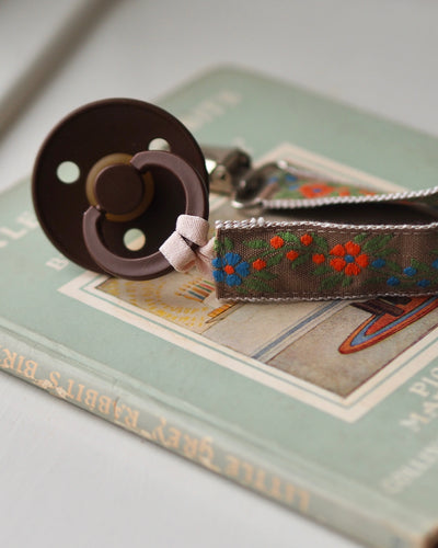 Pacifier Clip Brown with Orange Flowers